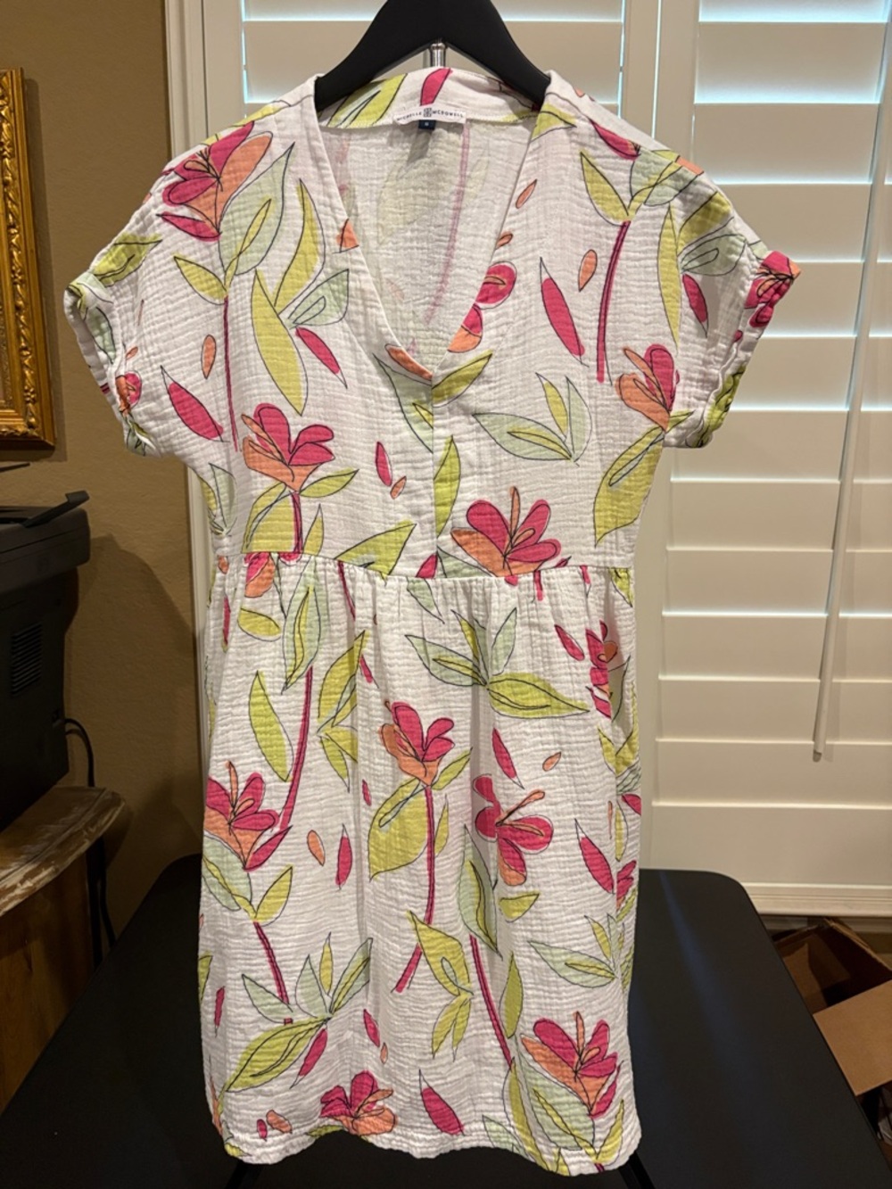 White Floral Mini Dress with Pink & Lime Leaves